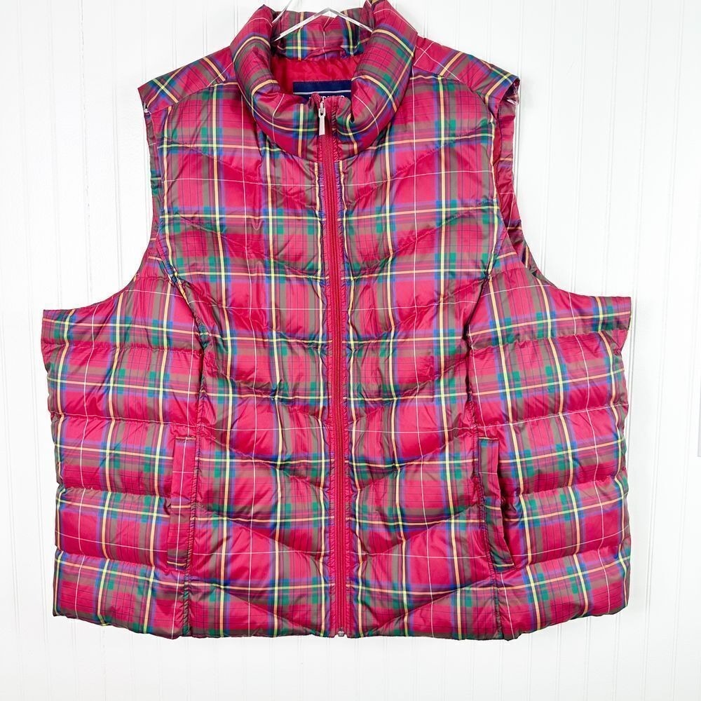 3X Lands' End Red Green Yellow Plaid Down Full Zip Puffer Vest 24-26W